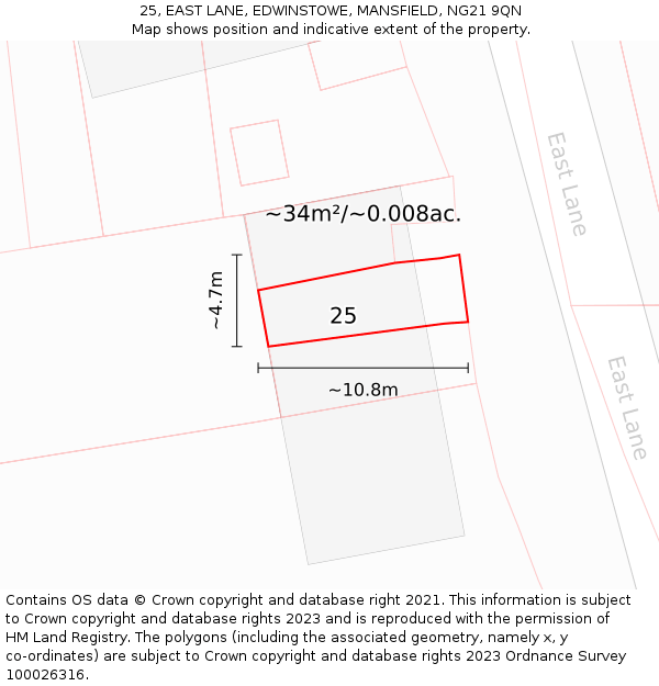 25, EAST LANE, EDWINSTOWE, MANSFIELD, NG21 9QN: Plot and title map