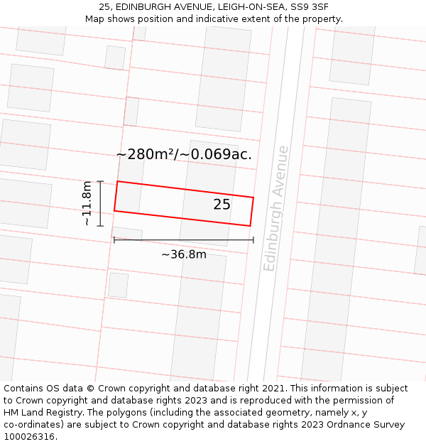 25, EDINBURGH AVENUE, LEIGH-ON-SEA, SS9 3SF: Plot and title map