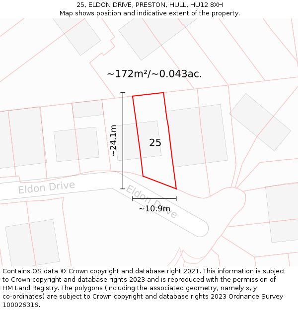 25, ELDON DRIVE, PRESTON, HULL, HU12 8XH: Plot and title map