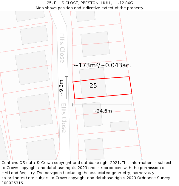 25, ELLIS CLOSE, PRESTON, HULL, HU12 8XG: Plot and title map