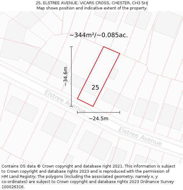 25, ELSTREE AVENUE, VICARS CROSS, CHESTER, CH3 5HJ: Plot and title map