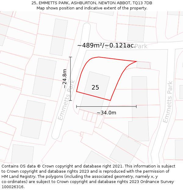 25, EMMETTS PARK, ASHBURTON, NEWTON ABBOT, TQ13 7DB: Plot and title map