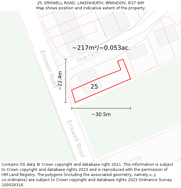 25, ERISWELL ROAD, LAKENHEATH, BRANDON, IP27 9AF: Plot and title map