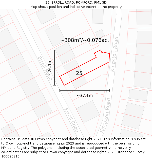 25, ERROLL ROAD, ROMFORD, RM1 3DJ: Plot and title map