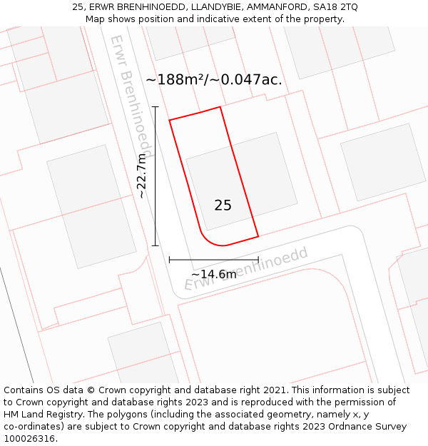 25, ERWR BRENHINOEDD, LLANDYBIE, AMMANFORD, SA18 2TQ: Plot and title map