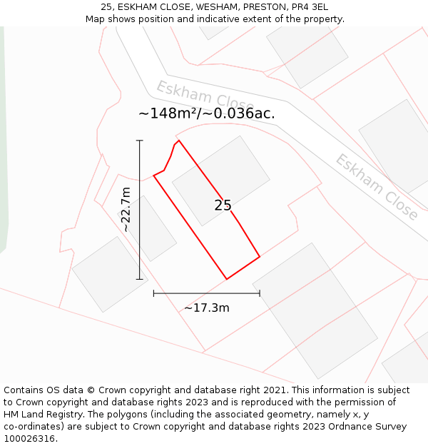 25, ESKHAM CLOSE, WESHAM, PRESTON, PR4 3EL: Plot and title map