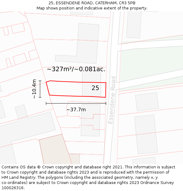 25, ESSENDENE ROAD, CATERHAM, CR3 5PB: Plot and title map