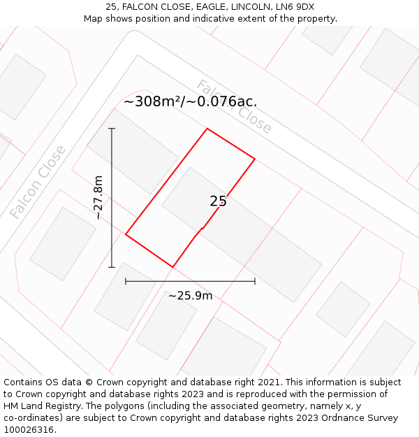 25, FALCON CLOSE, EAGLE, LINCOLN, LN6 9DX: Plot and title map