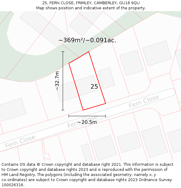 25, FERN CLOSE, FRIMLEY, CAMBERLEY, GU16 9QU: Plot and title map