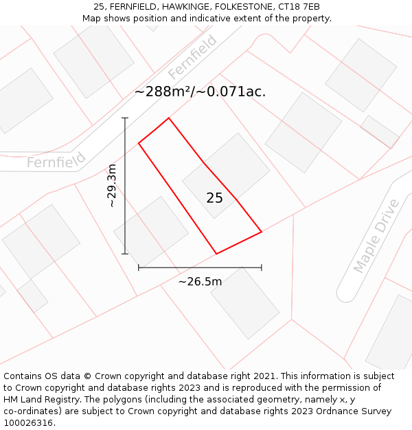 25, FERNFIELD, HAWKINGE, FOLKESTONE, CT18 7EB: Plot and title map