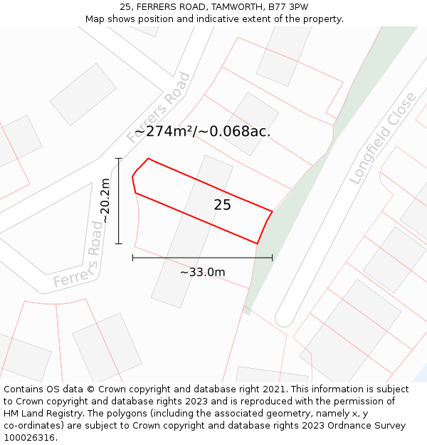 25, FERRERS ROAD, TAMWORTH, B77 3PW: Plot and title map