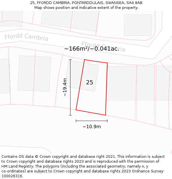 25, FFORDD CAMBRIA, PONTARDDULAIS, SWANSEA, SA4 8AB: Plot and title map