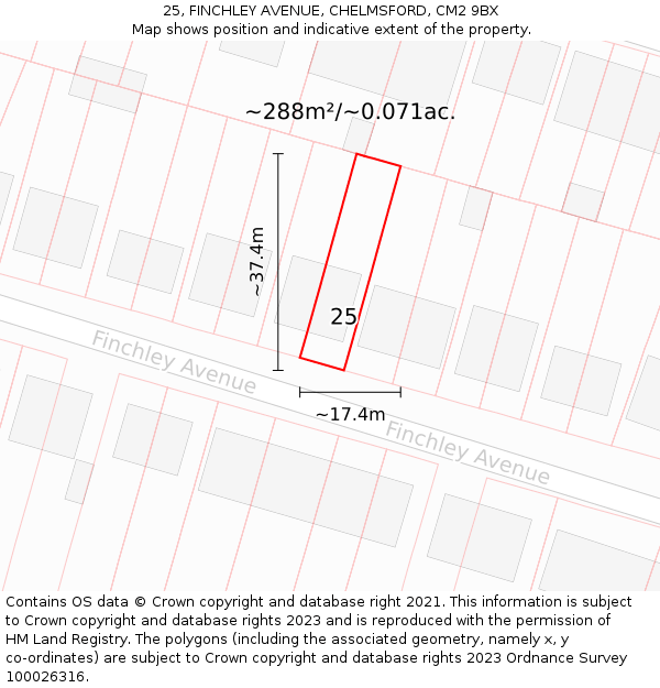 25, FINCHLEY AVENUE, CHELMSFORD, CM2 9BX: Plot and title map