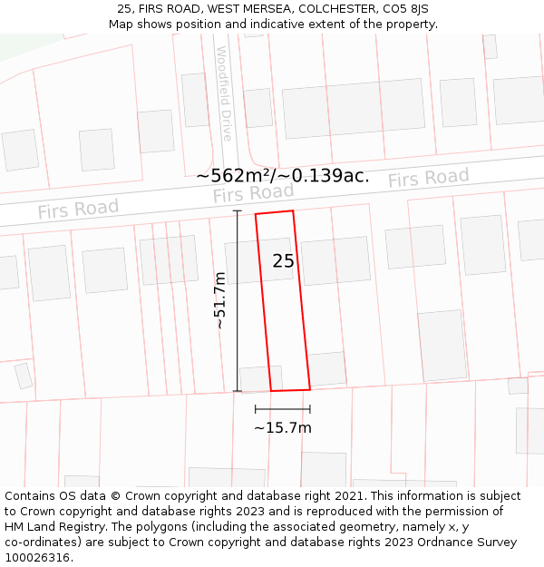 25, FIRS ROAD, WEST MERSEA, COLCHESTER, CO5 8JS: Plot and title map