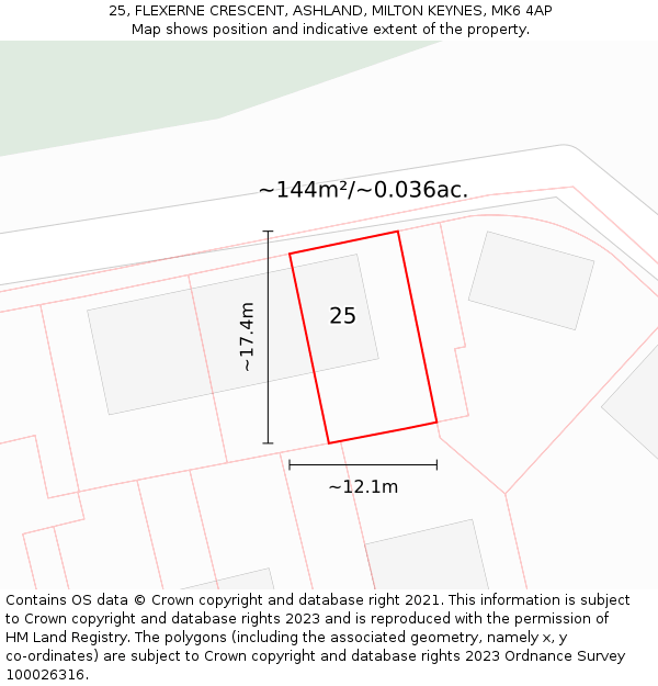 25, FLEXERNE CRESCENT, ASHLAND, MILTON KEYNES, MK6 4AP: Plot and title map