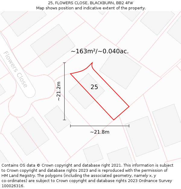 25, FLOWERS CLOSE, BLACKBURN, BB2 4FW: Plot and title map