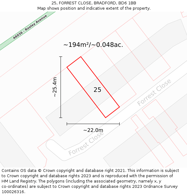25, FORREST CLOSE, BRADFORD, BD6 1BB: Plot and title map