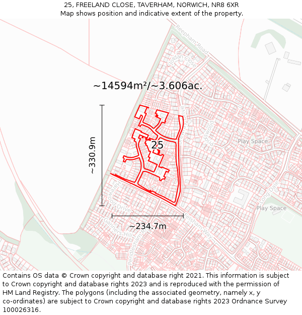 25, FREELAND CLOSE, TAVERHAM, NORWICH, NR8 6XR: Plot and title map