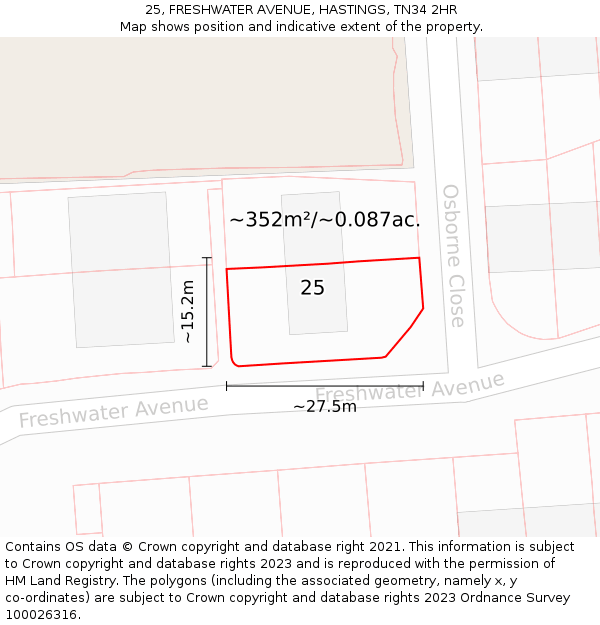 25, FRESHWATER AVENUE, HASTINGS, TN34 2HR: Plot and title map