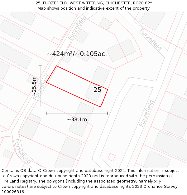 25, FURZEFIELD, WEST WITTERING, CHICHESTER, PO20 8PY: Plot and title map