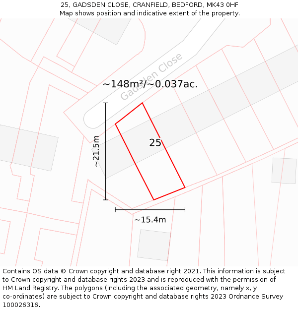 25, GADSDEN CLOSE, CRANFIELD, BEDFORD, MK43 0HF: Plot and title map