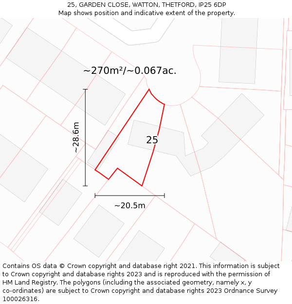 25, GARDEN CLOSE, WATTON, THETFORD, IP25 6DP: Plot and title map