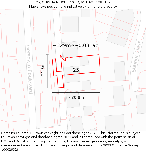 25, GERSHWIN BOULEVARD, WITHAM, CM8 1HW: Plot and title map