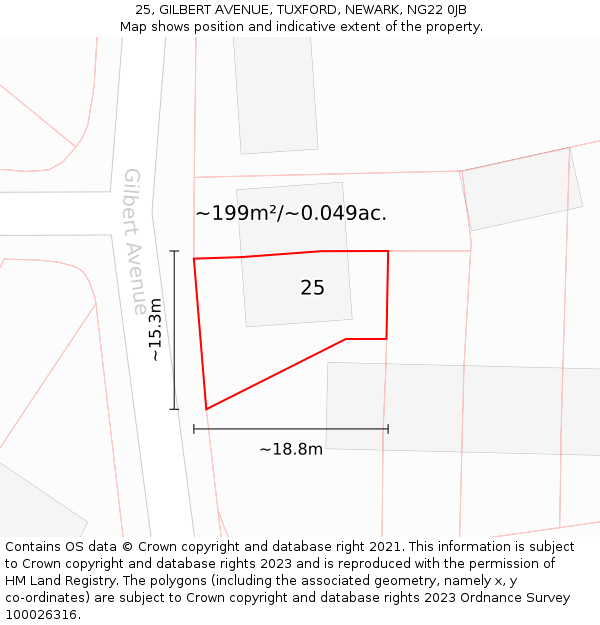 25, GILBERT AVENUE, TUXFORD, NEWARK, NG22 0JB: Plot and title map