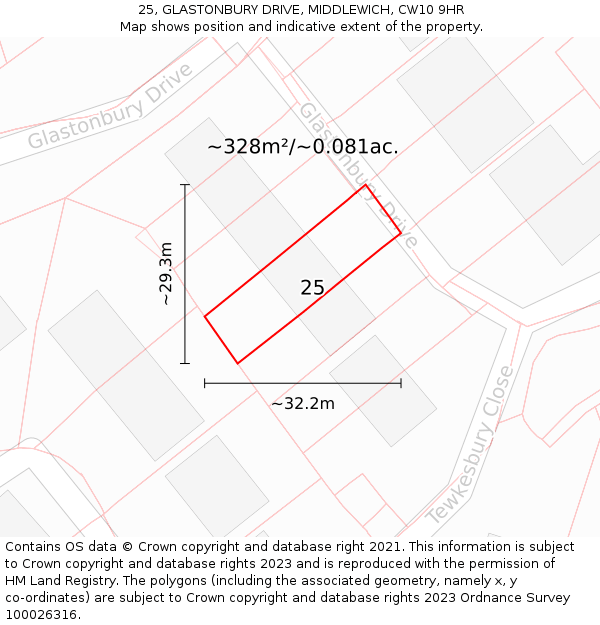 25, GLASTONBURY DRIVE, MIDDLEWICH, CW10 9HR: Plot and title map