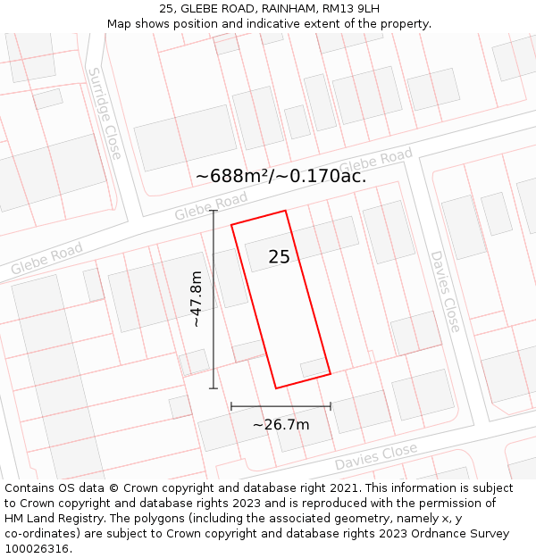 25, GLEBE ROAD, RAINHAM, RM13 9LH: Plot and title map