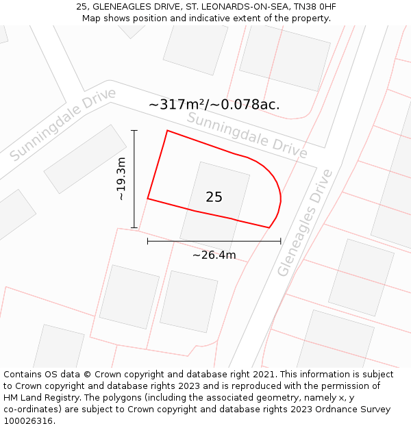 25, GLENEAGLES DRIVE, ST. LEONARDS-ON-SEA, TN38 0HF: Plot and title map