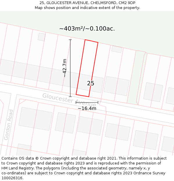 25, GLOUCESTER AVENUE, CHELMSFORD, CM2 9DP: Plot and title map