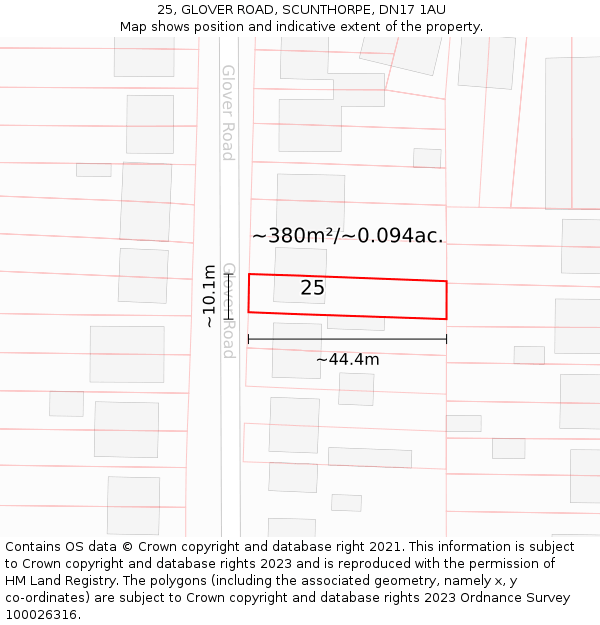 25, GLOVER ROAD, SCUNTHORPE, DN17 1AU: Plot and title map