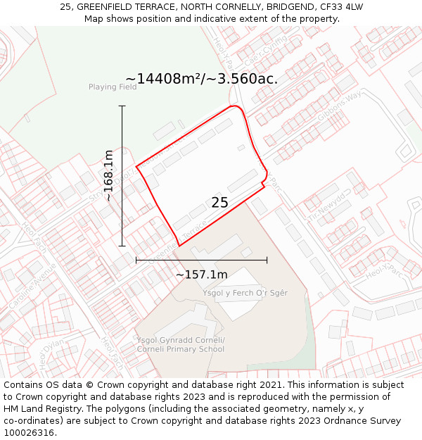 25, GREENFIELD TERRACE, NORTH CORNELLY, BRIDGEND, CF33 4LW: Plot and title map