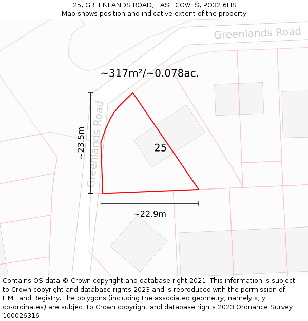 25, GREENLANDS ROAD, EAST COWES, PO32 6HS: Plot and title map