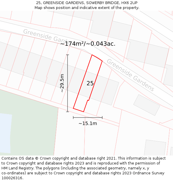 25, GREENSIDE GARDENS, SOWERBY BRIDGE, HX6 2UP: Plot and title map