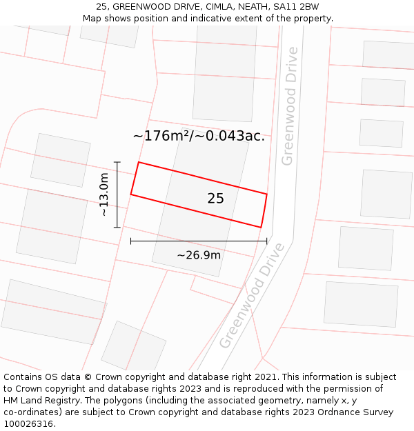 25, GREENWOOD DRIVE, CIMLA, NEATH, SA11 2BW: Plot and title map