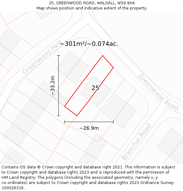 25, GREENWOOD ROAD, WALSALL, WS9 8XA: Plot and title map