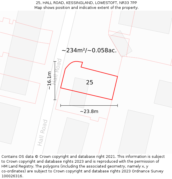 25, HALL ROAD, KESSINGLAND, LOWESTOFT, NR33 7PP: Plot and title map