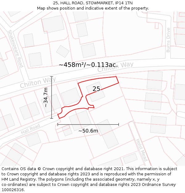 25, HALL ROAD, STOWMARKET, IP14 1TN: Plot and title map