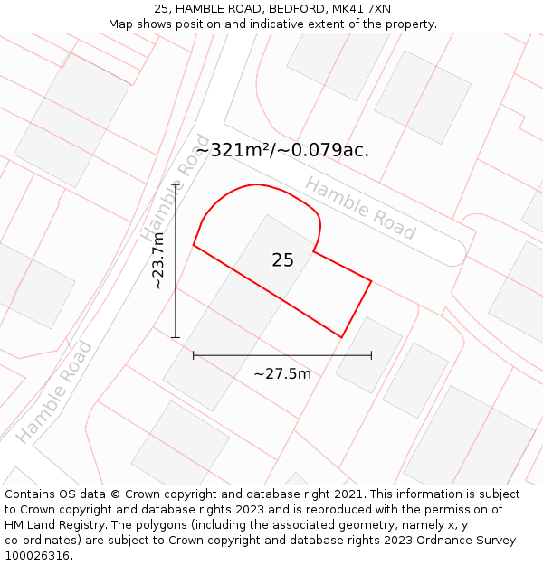 25, HAMBLE ROAD, BEDFORD, MK41 7XN: Plot and title map