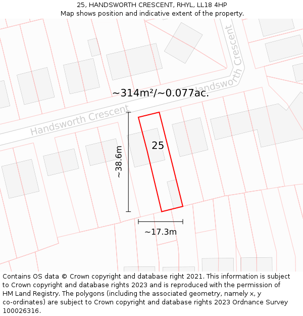 25, HANDSWORTH CRESCENT, RHYL, LL18 4HP: Plot and title map