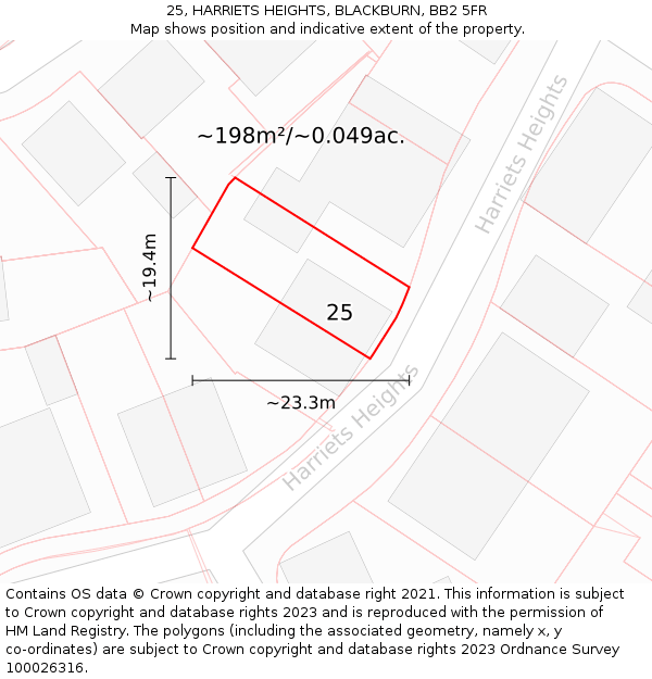 25, HARRIETS HEIGHTS, BLACKBURN, BB2 5FR: Plot and title map