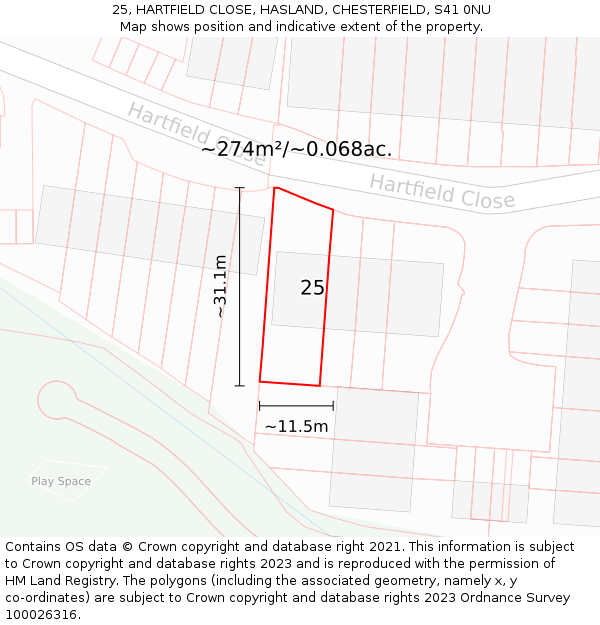 25, HARTFIELD CLOSE, HASLAND, CHESTERFIELD, S41 0NU: Plot and title map