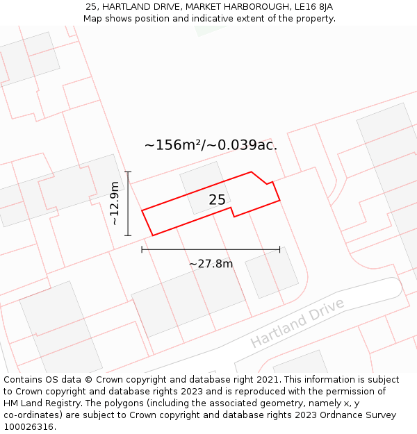 25, HARTLAND DRIVE, MARKET HARBOROUGH, LE16 8JA: Plot and title map