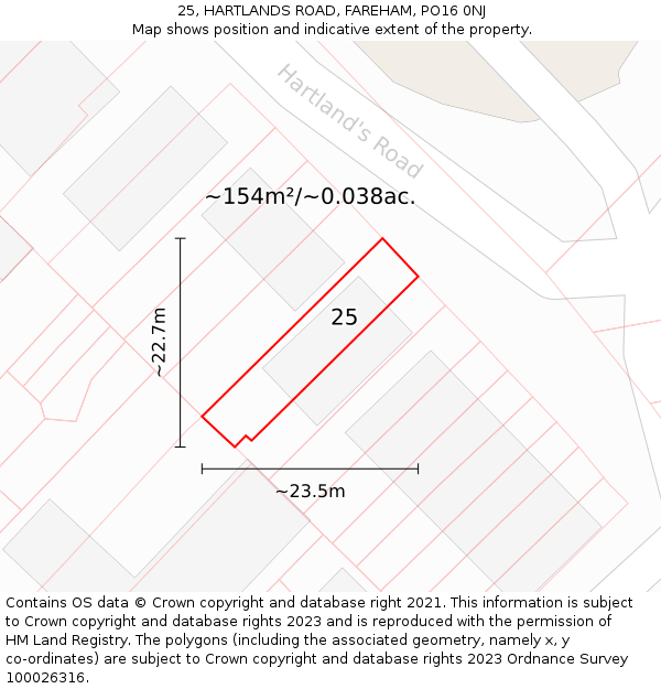 25, HARTLANDS ROAD, FAREHAM, PO16 0NJ: Plot and title map