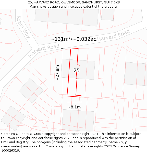 25, HARVARD ROAD, OWLSMOOR, SANDHURST, GU47 0XB: Plot and title map