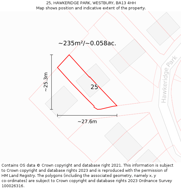 25, HAWKERIDGE PARK, WESTBURY, BA13 4HH: Plot and title map