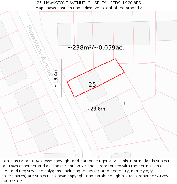 25, HAWKSTONE AVENUE, GUISELEY, LEEDS, LS20 8ES: Plot and title map