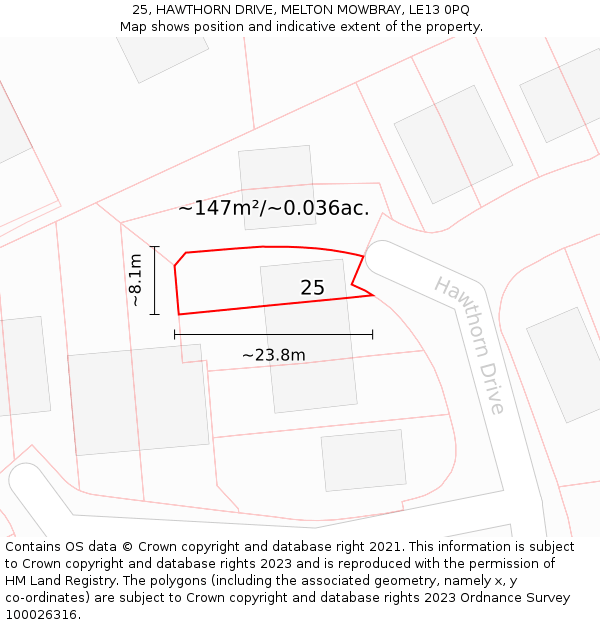 25, HAWTHORN DRIVE, MELTON MOWBRAY, LE13 0PQ: Plot and title map